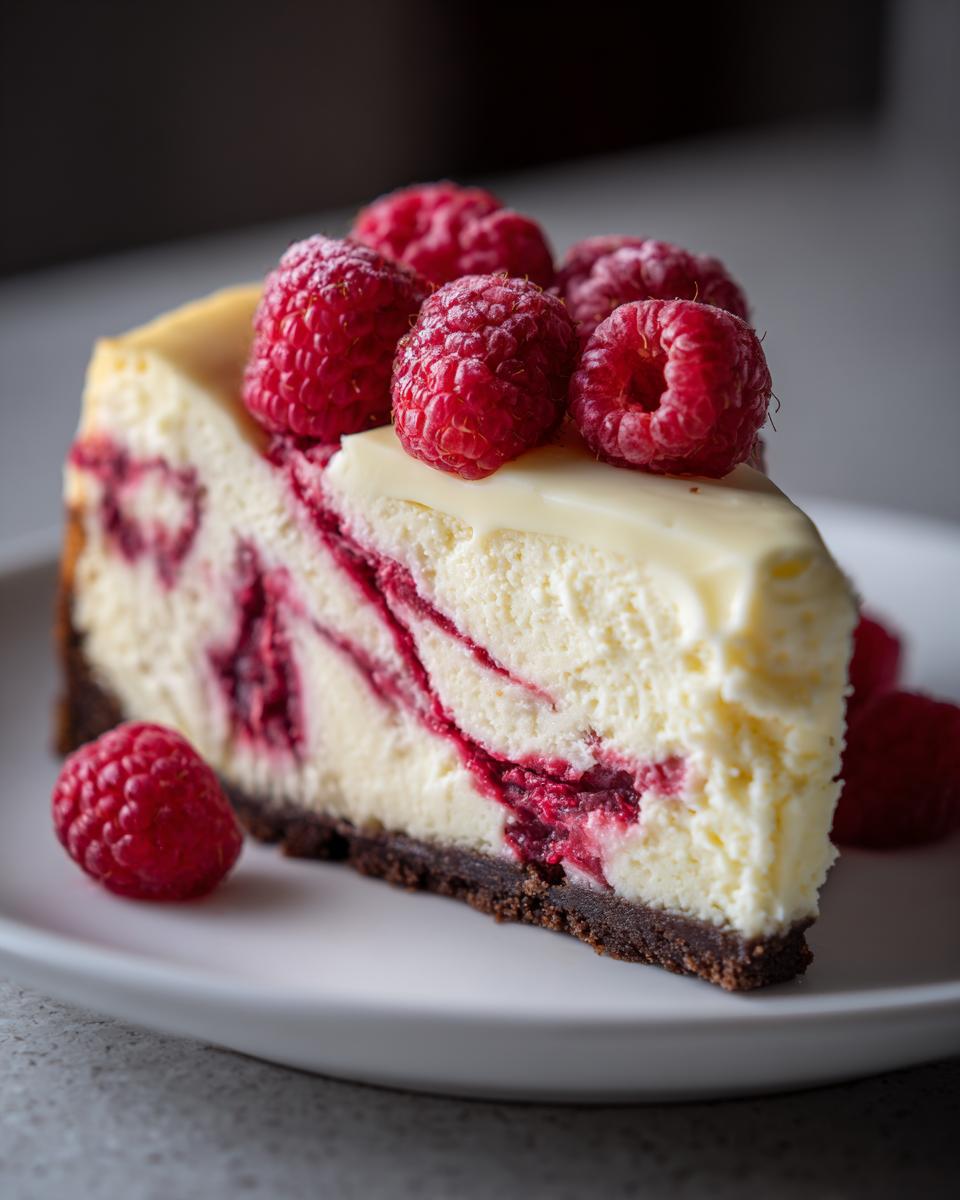 A perfect slice of white chocolate raspberry cheesecake with a chocolate crust, topped with fresh raspberries.