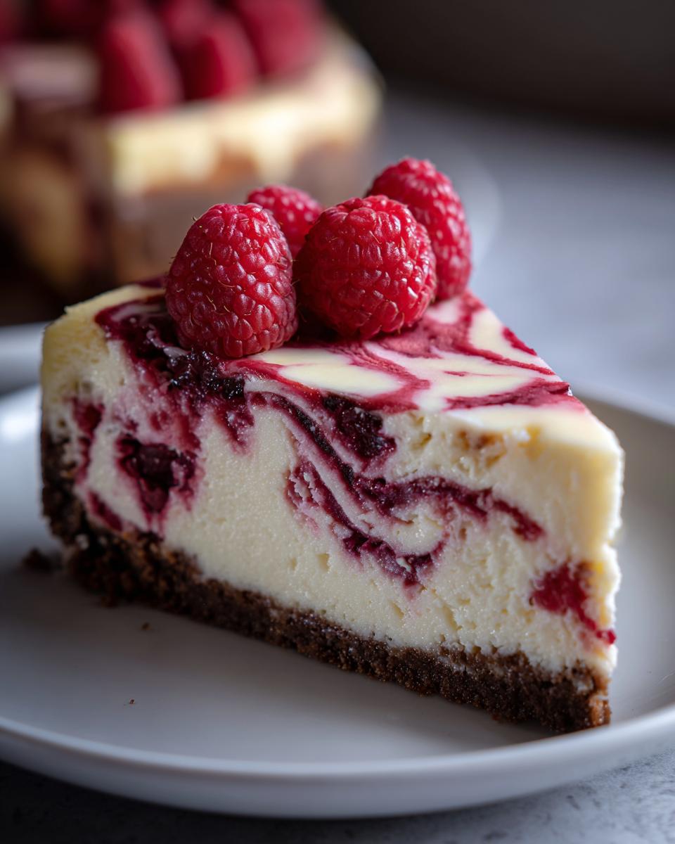 A perfect slice of white chocolate raspberry cheesecake featuring a dark crust, swirled raspberry filling, and topped with fresh raspberries.
