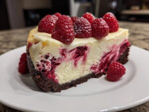 A decadent slice of white chocolate raspberry cheesecake with a chocolate crust, topped with fresh raspberries.