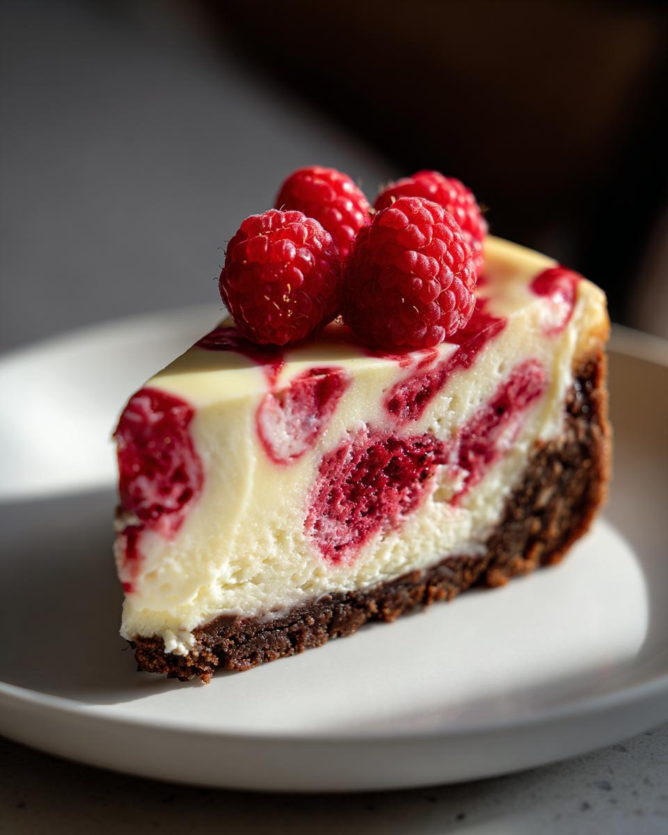A decadent slice of white chocolate raspberry cheesecake with a dark crust, topped with fresh raspberries.