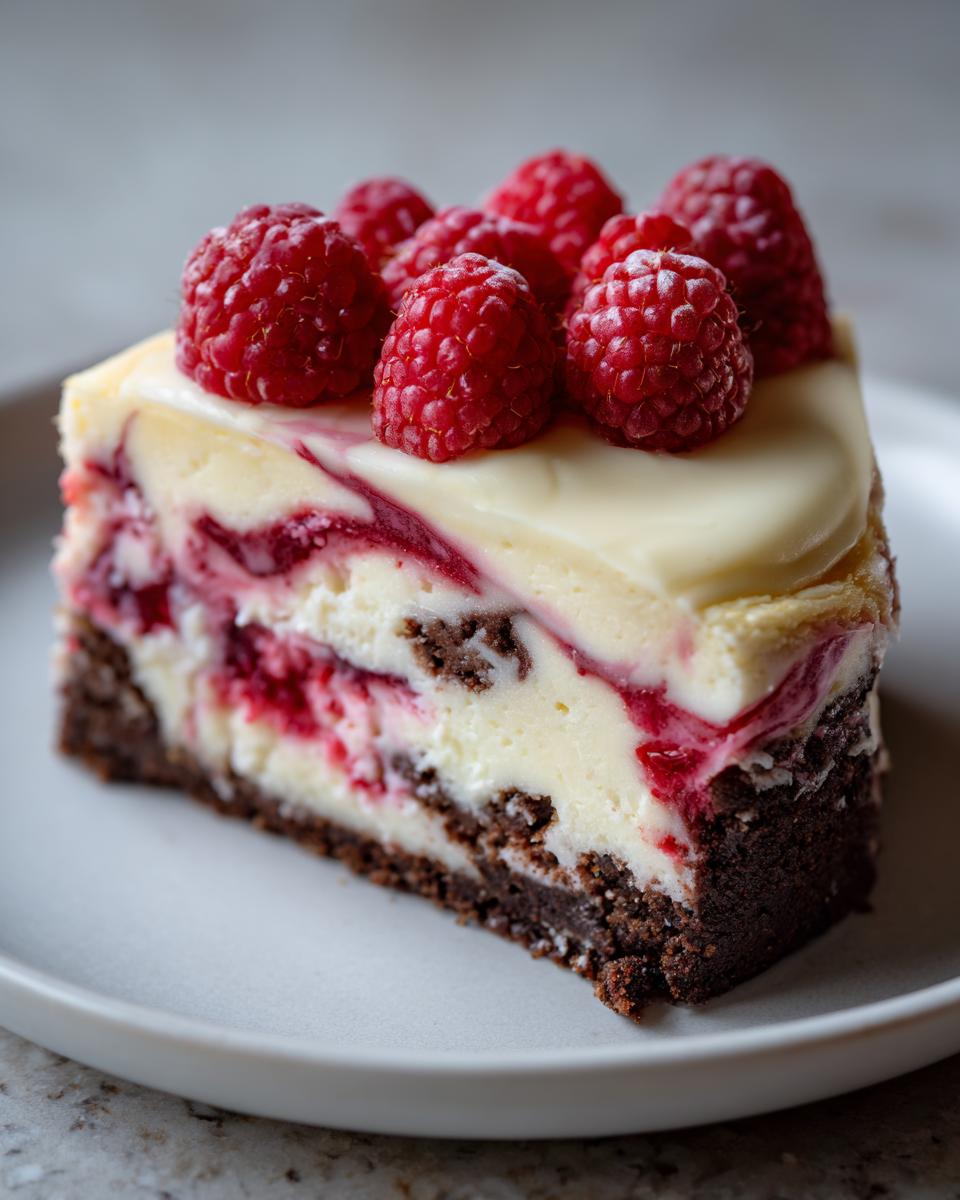 A rich slice of white chocolate raspberry cheesecake featuring a dark crust, swirled filling, and topped with fresh raspberries.