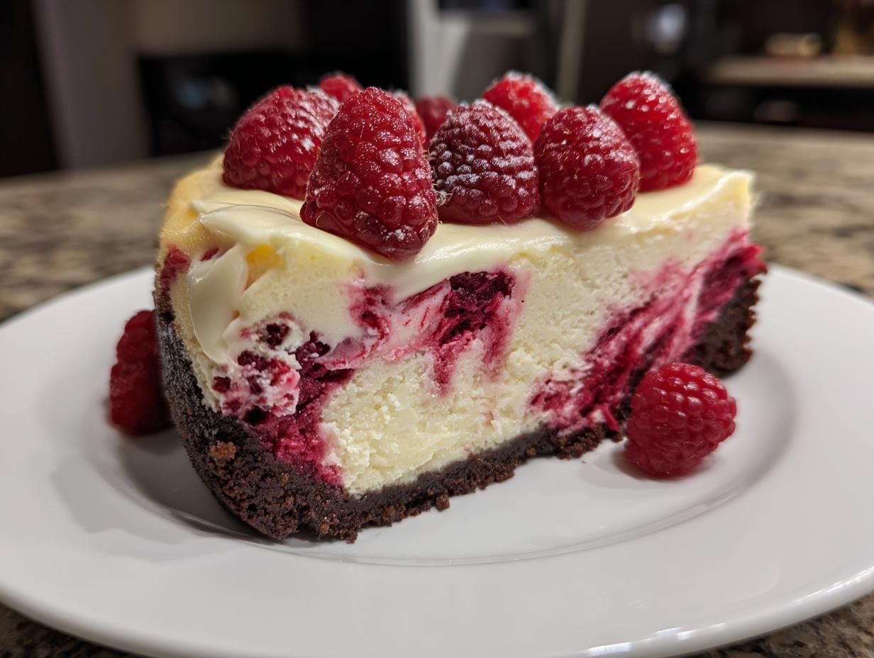 A decadent slice of white chocolate raspberry cheesecake with a chocolate crust, topped with fresh raspberries.