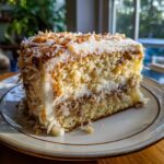 A tempting slice of white german chocolate cake featuring layers of light cake, coconut-pecan filling, and thick white frosting topped with toasted coconut.