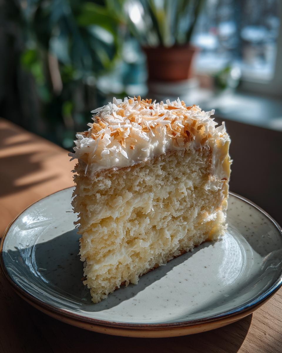 A moist slice of white German chocolate cake layered with frosting and topped with toasted coconut flakes.