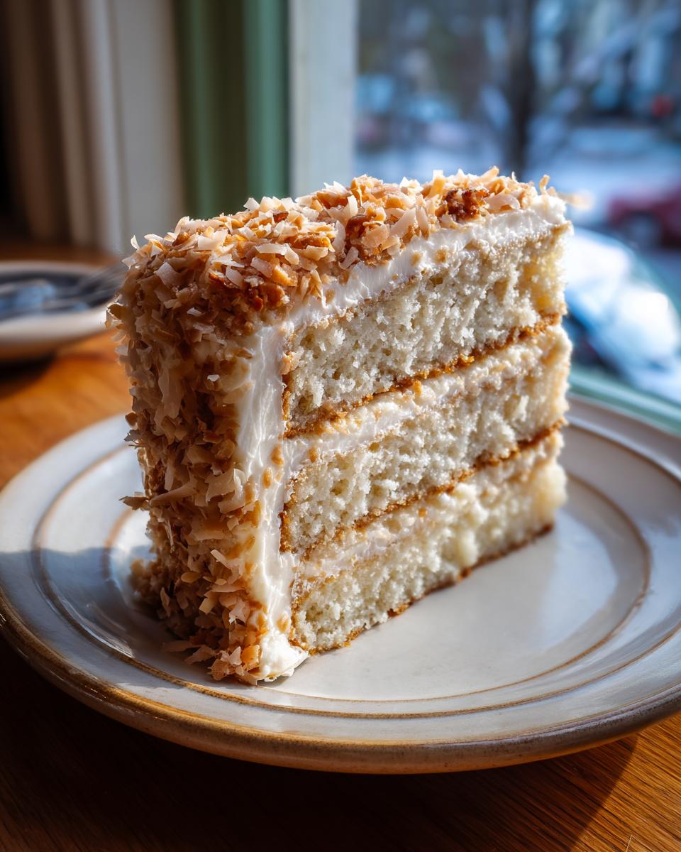 A tall slice of white German chocolate cake with three layers, white frosting, and toasted coconut flakes.