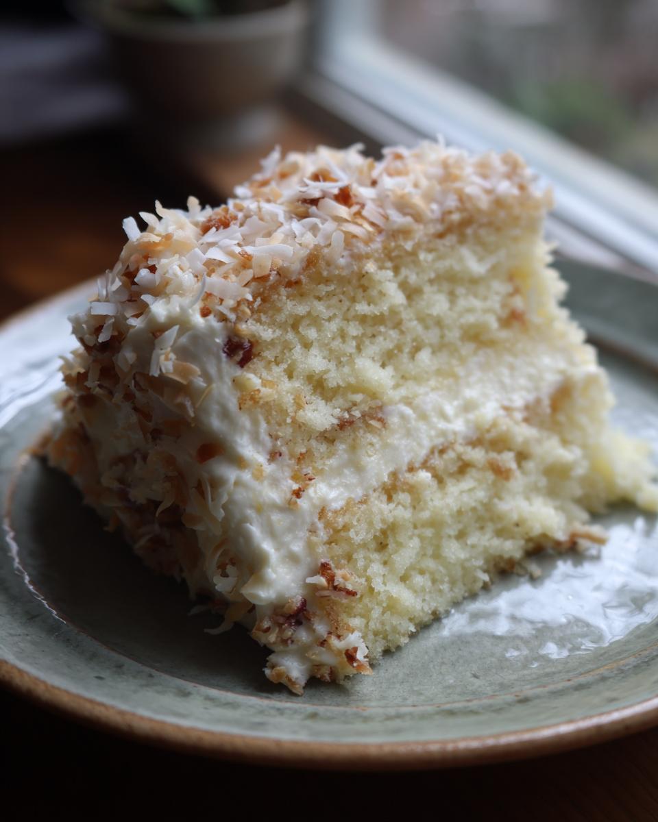 A moist slice of white German chocolate cake layered with cream frosting and topped with toasted coconut flakes.