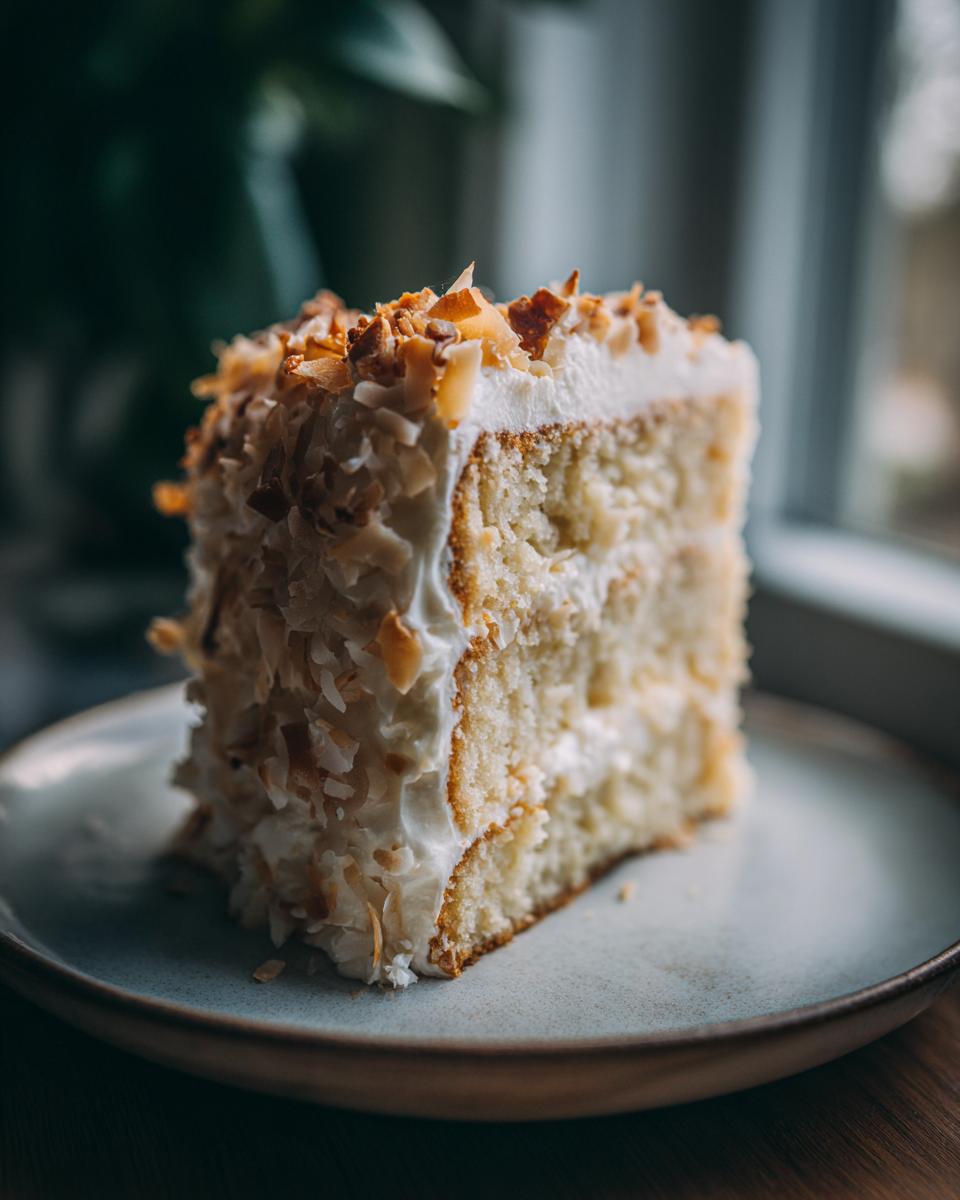A tall slice of white German chocolate cake layered with white frosting and covered in toasted coconut flakes.