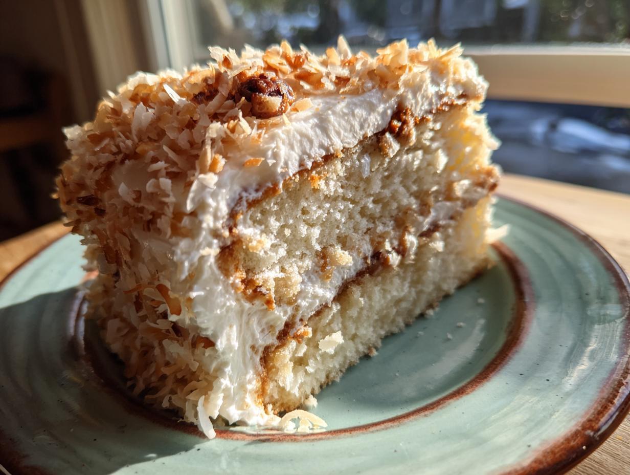 A close-up slice of white German chocolate cake featuring light cake layers, white frosting, and toasted coconut flakes.