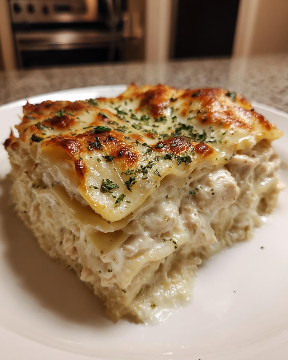 A generous square serving of creamy white sauce chicken lasagna, topped with melted, browned cheese and parsley.