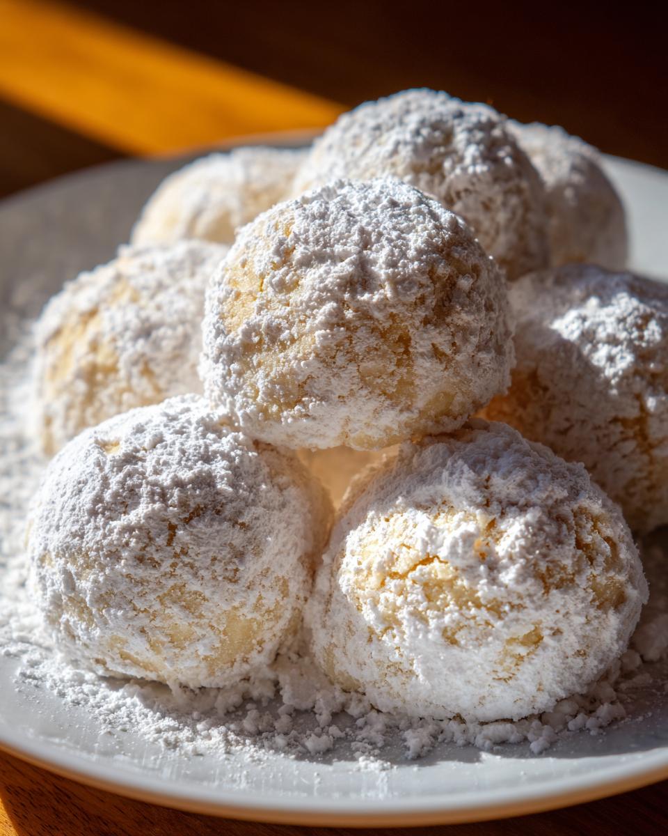 Close-up of several round, buttery lemon cookies heavily dusted with powdered sugar on a white plate.