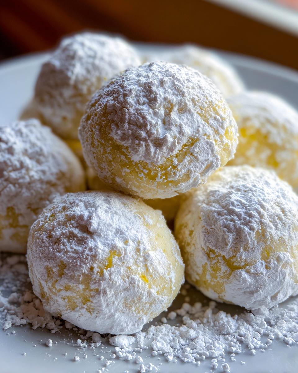 Close-up of several soft, round lemon cookies heavily coated in white powdered sugar on a light plate.