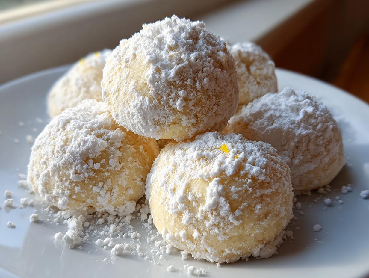 A close-up of several soft, round lemon cookies heavily dusted with powdered sugar on a white plate.