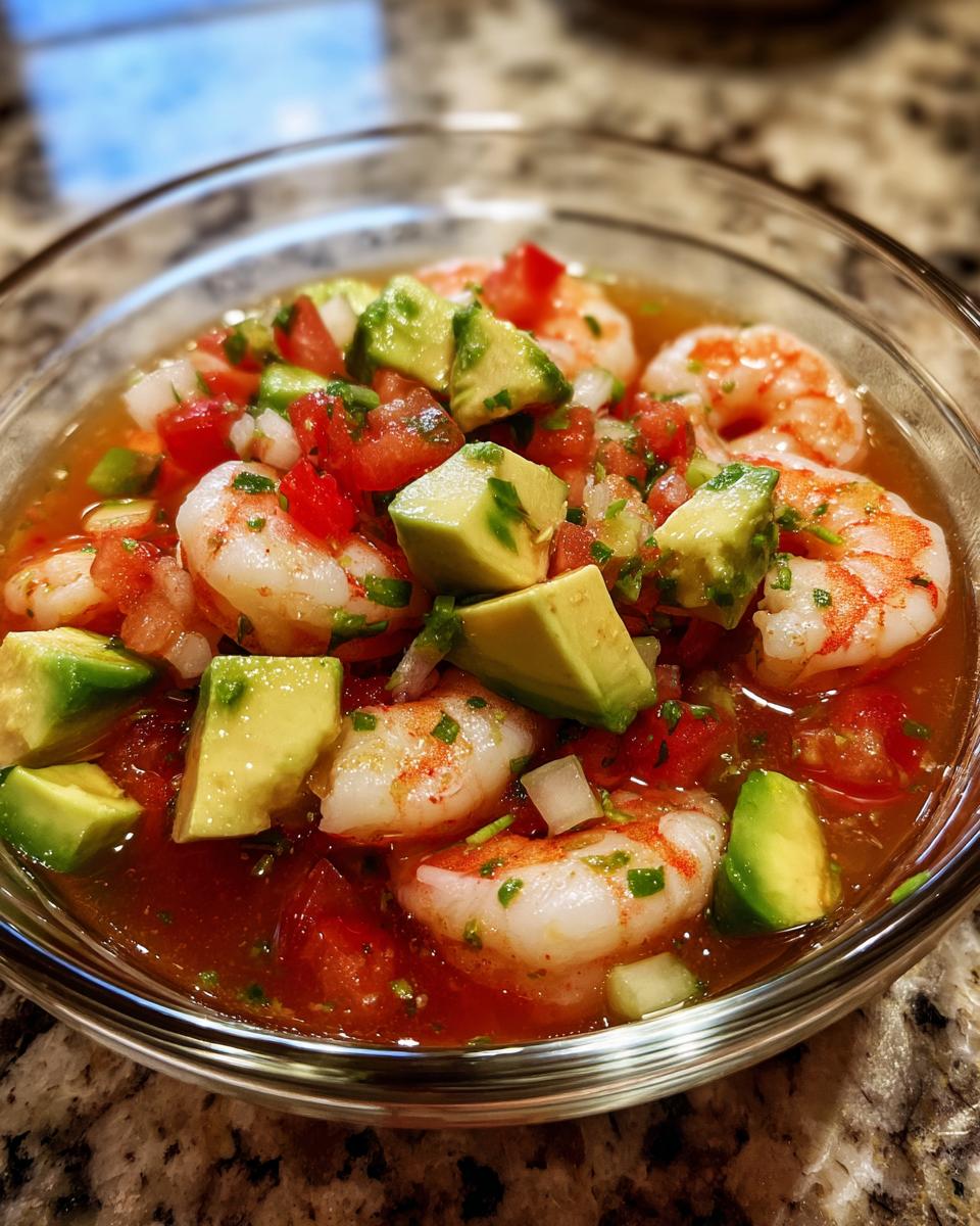 Close-up of a glass bowl filled with vibrant mexican shrimp cocktail, featuring plump shrimp, diced tomatoes, and chunks of fresh avocado.