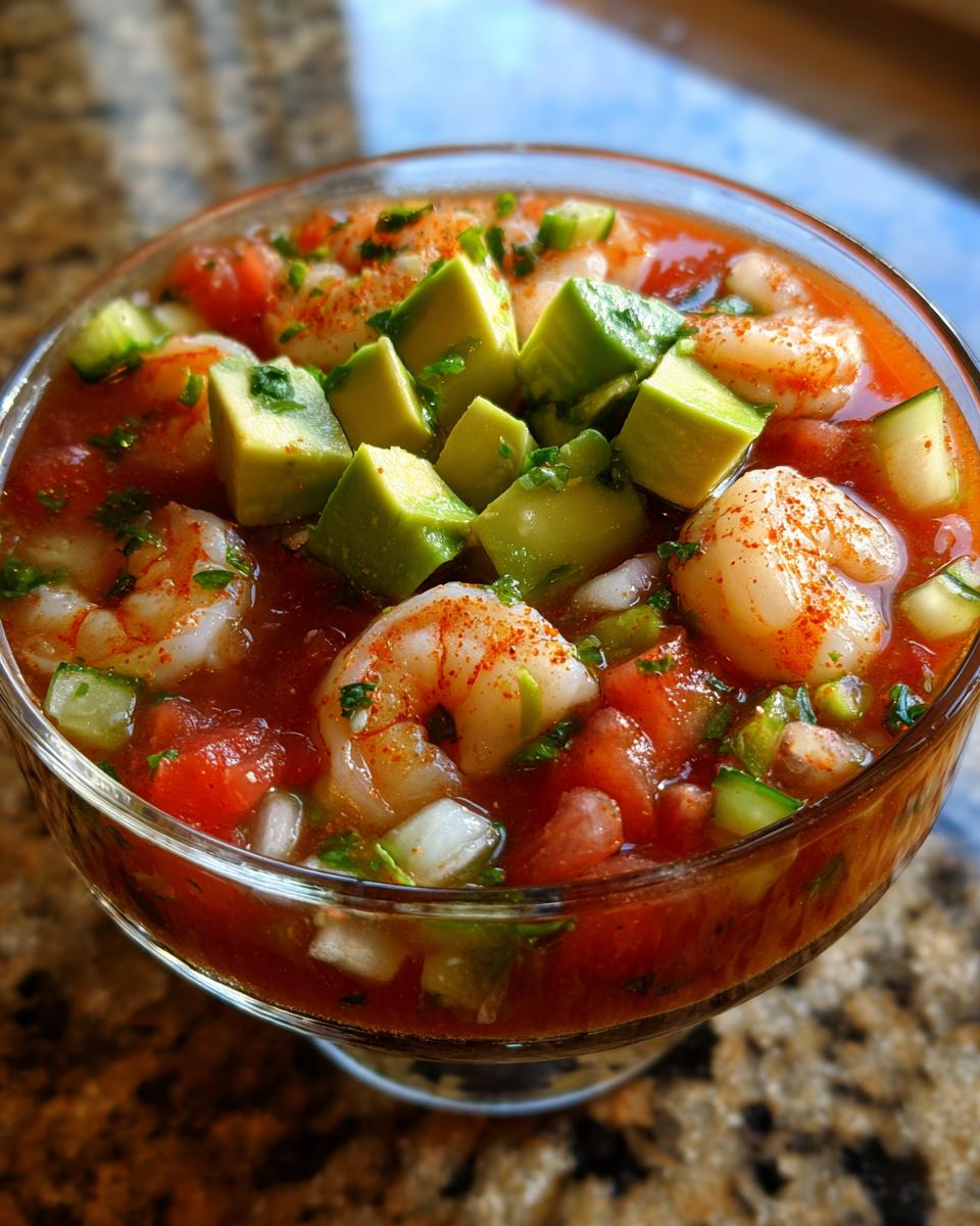 Close-up of a glass filled with vibrant mexican shrimp cocktail, topped with diced avocado and seasoned shrimp.