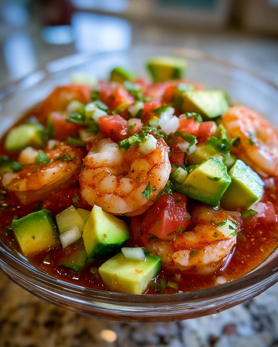 Close-up of a glass bowl filled with vibrant mexican shrimp cocktail, featuring large shrimp, diced avocado, tomato, and onion.
