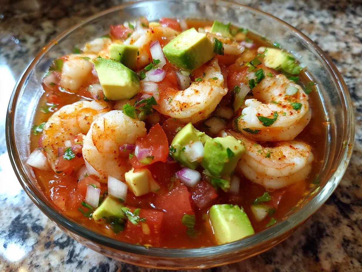 Close-up view of a vibrant mexican shrimp cocktail, featuring plump shrimp, diced avocado, tomato, and onion in a savory red sauce.