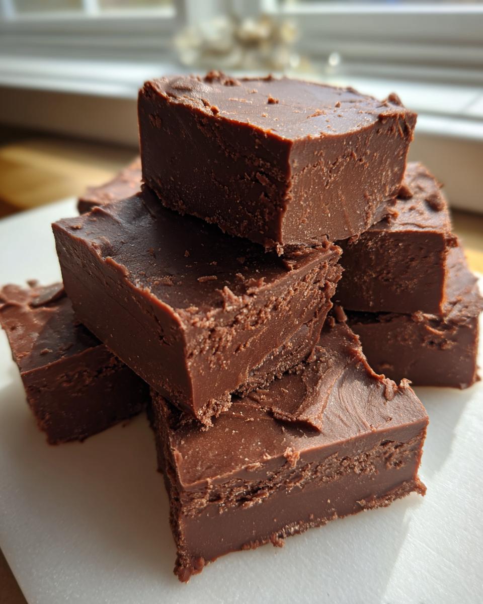 A stack of rich, dark chocolate 3-ingredient fudge squares with a smooth texture.