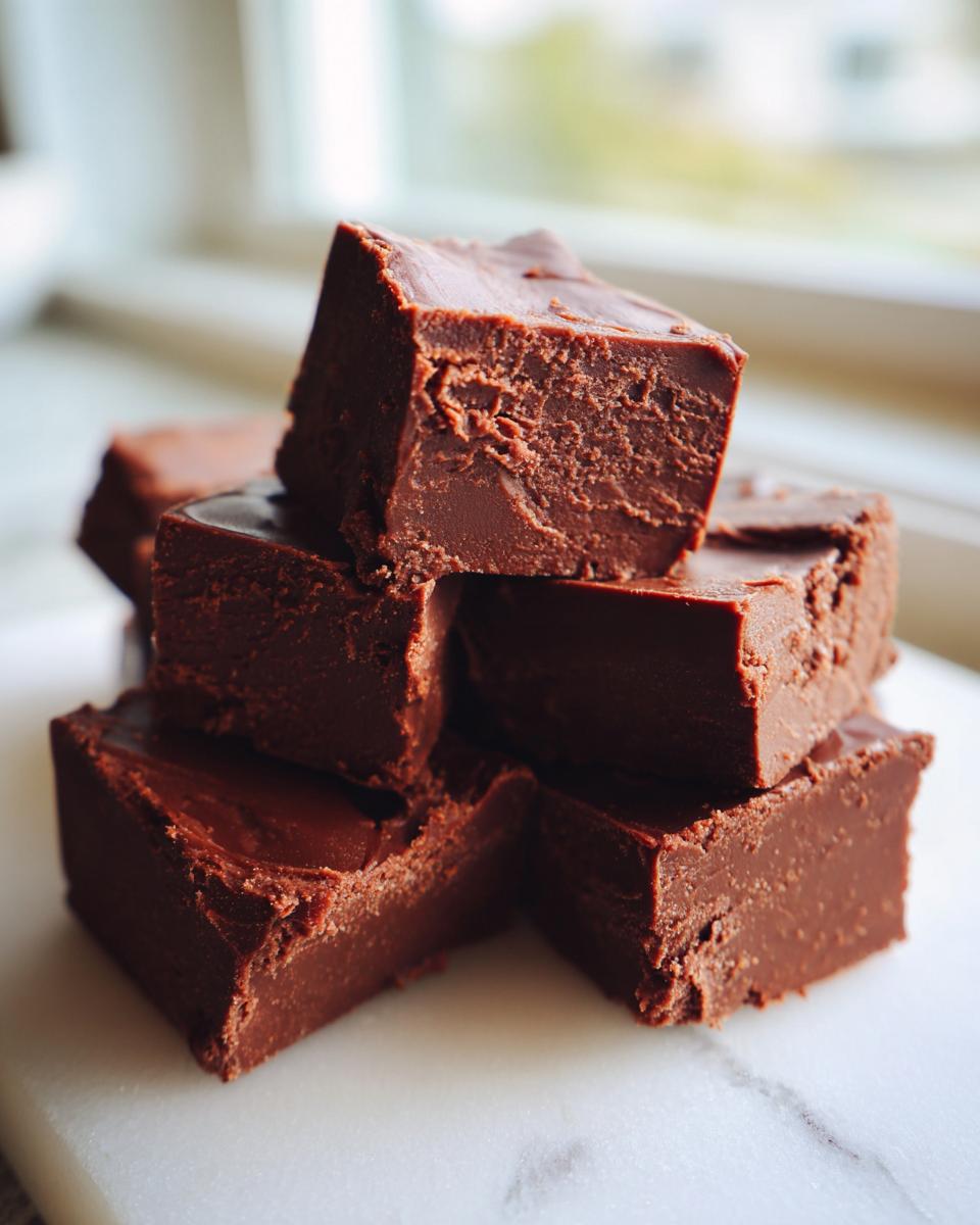 A stack of rich, dark chocolate fudge squares resting on a white marble surface, highlighting the smooth texture of the fudge.