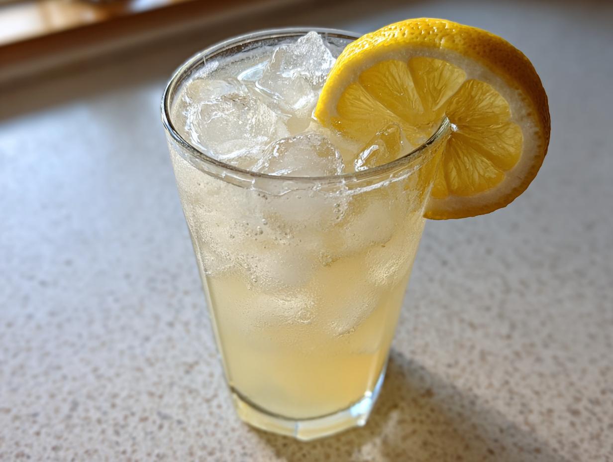 A tall, sweating glass filled with ice and homemade lemonade, garnished with a bright lemon slice.