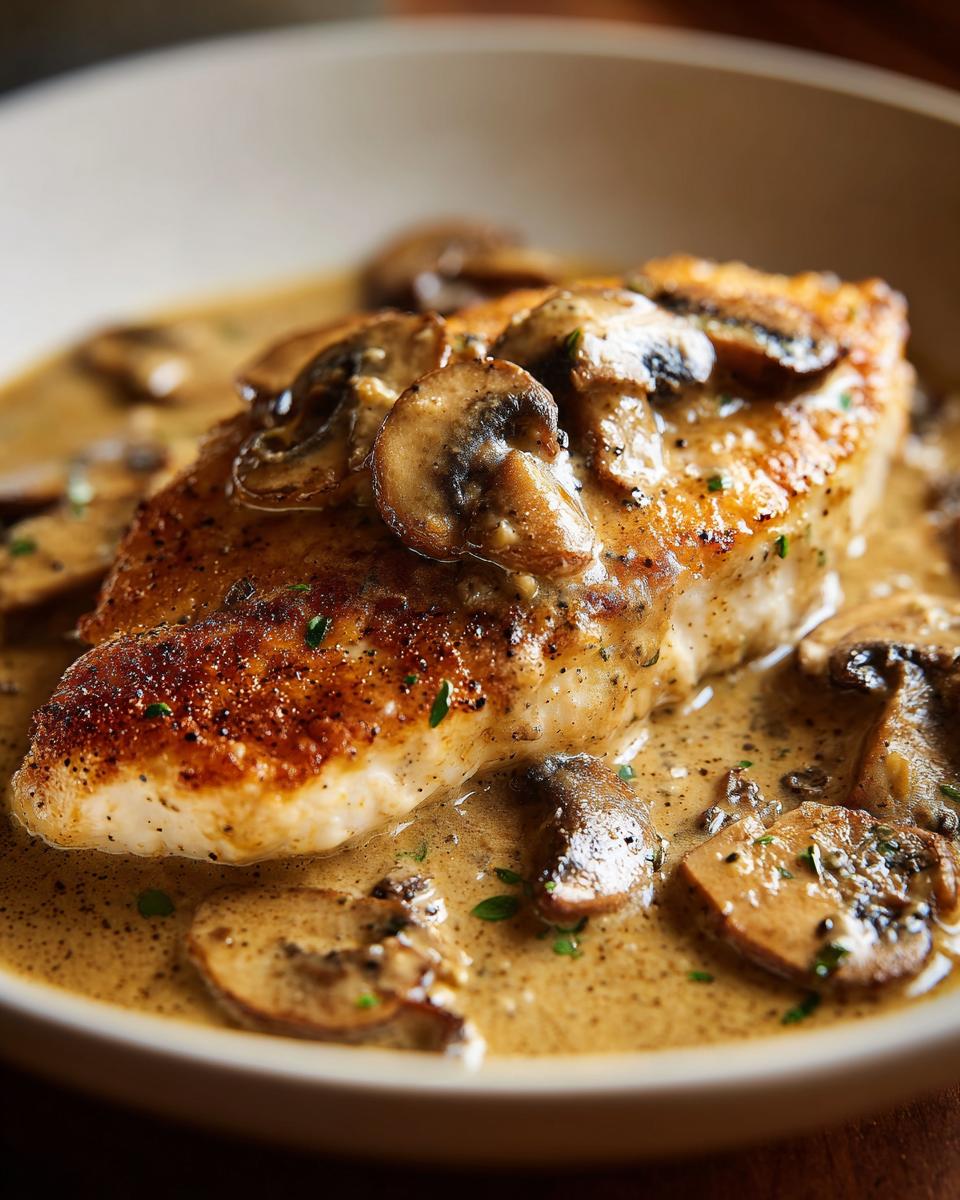 Close-up of a perfectly seared chicken breast smothered in a creamy mushroom sauce, ready to serve as chicken marsala.