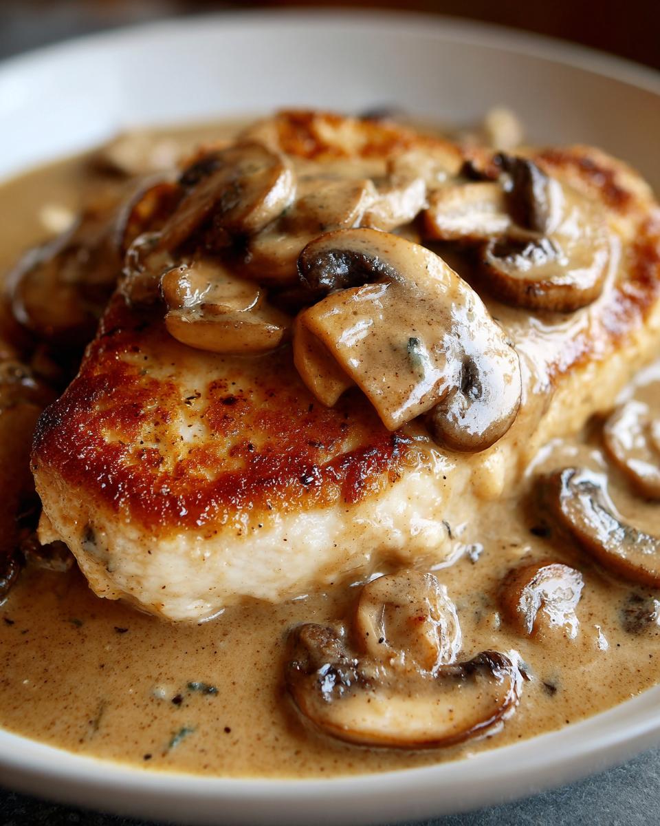 A close-up shot of a perfectly seared chicken marsala breast covered in a rich, creamy mushroom sauce.