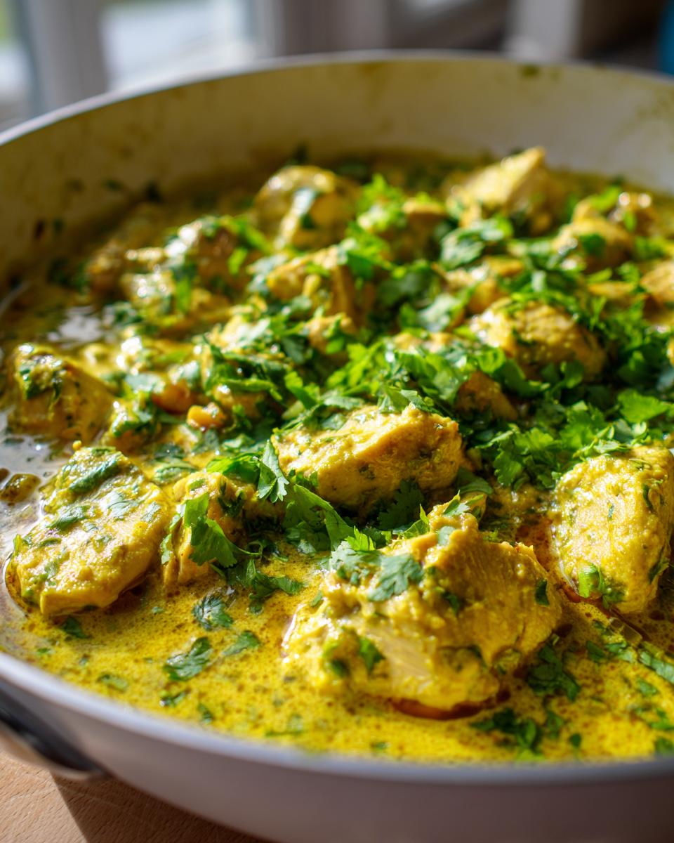 Close-up of tender chicken pieces simmering in a vibrant yellow coconut lime chicken sauce, topped with fresh cilantro.