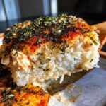 Close-up of a scoop of creamy, baked rice and seafood mixture, topped with toasted seaweed, representing the 450-calorie sushi bake.