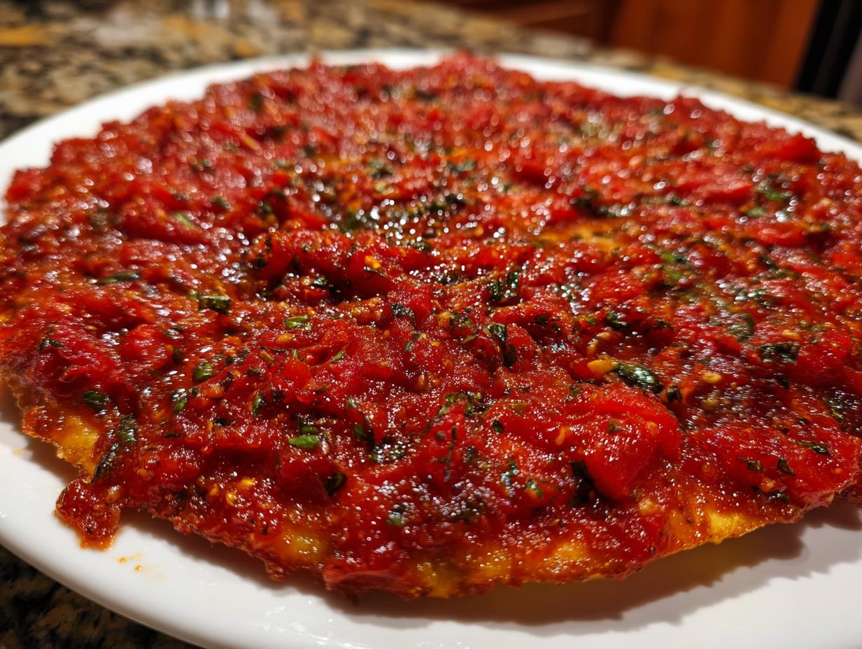 Close-up of a thick layer of bright red, chunky pizza sauce seasoned with herbs, spread on a base.