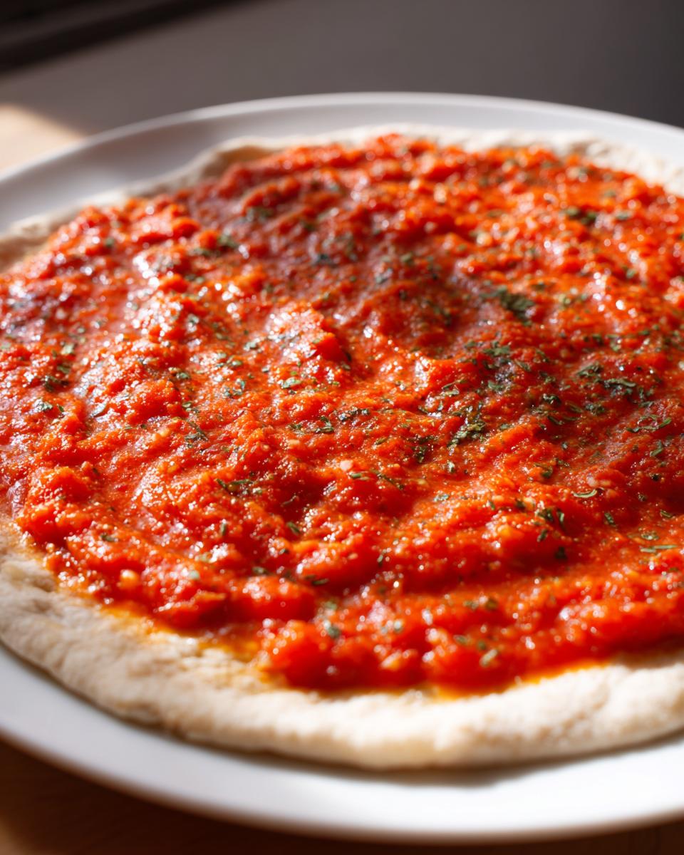 Close-up of raw pizza dough spread generously with bright red, herbed pizza sauce on a white plate.