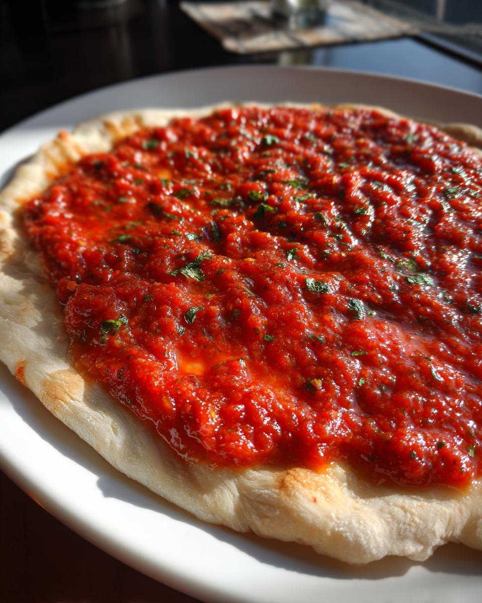 Close-up of vibrant red pizza sauce spread thickly over a piece of flatbread, garnished with herbs.