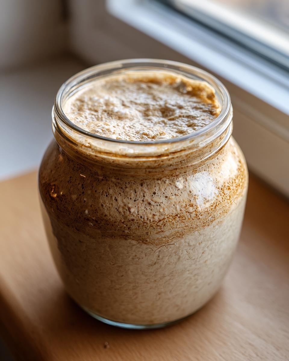 A highly active sourdough starter overflowing with foam in a glass jar, indicating readiness.