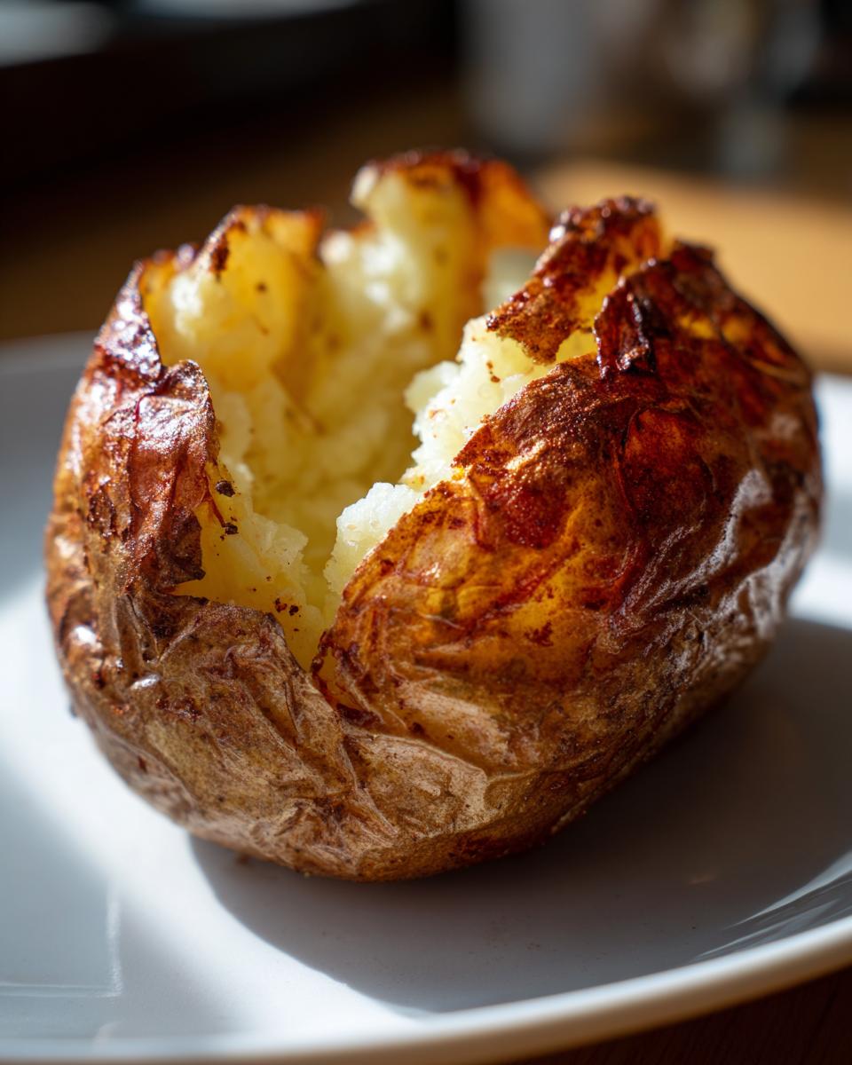 Close-up of a perfectly cooked air fryer baked potato with a crispy, browned skin split open to reveal fluffy white interior.