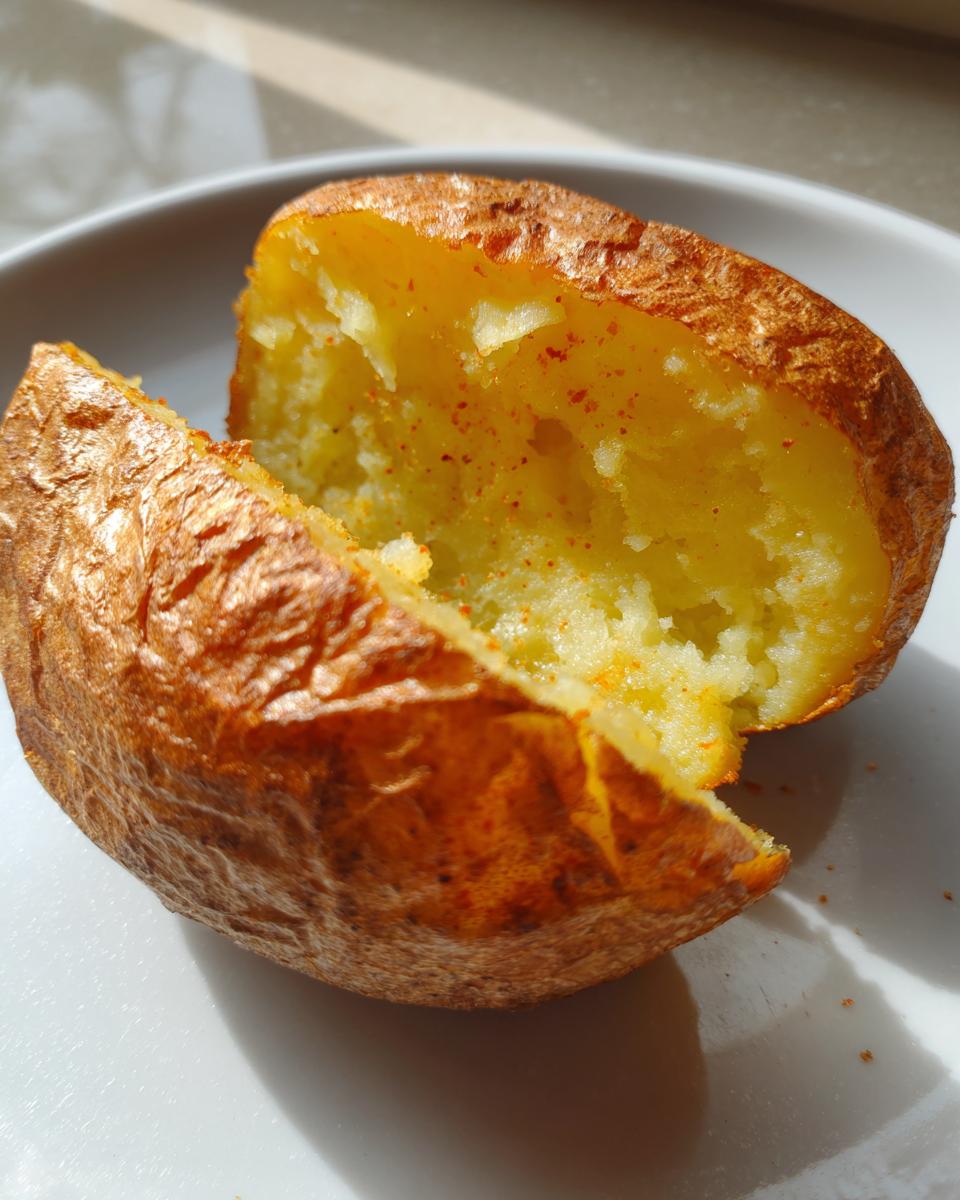 A perfectly cooked air fryer baked potato split open, revealing fluffy interior seasoned with paprika.