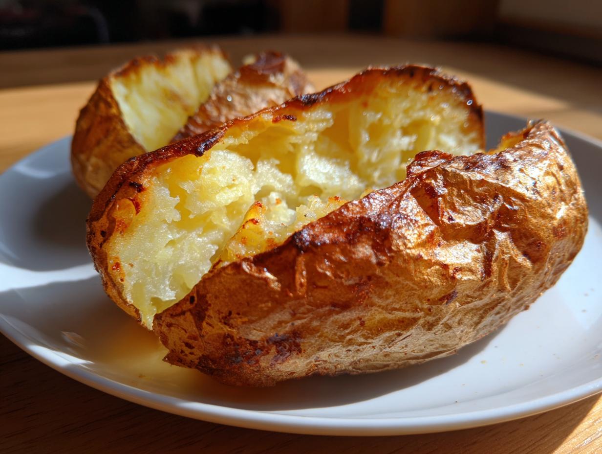 Close-up of a perfectly cooked air fryer baked potato, split open to show fluffy interior and crispy, golden-brown skin.
