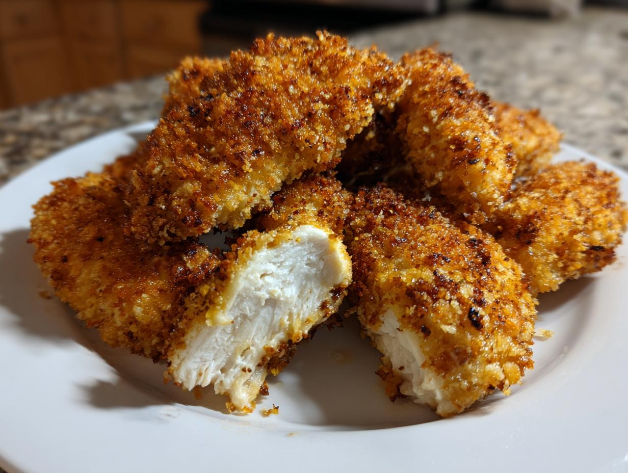 Close-up of golden brown, crispy air fryer chicken tenders, one cut open showing juicy white meat.