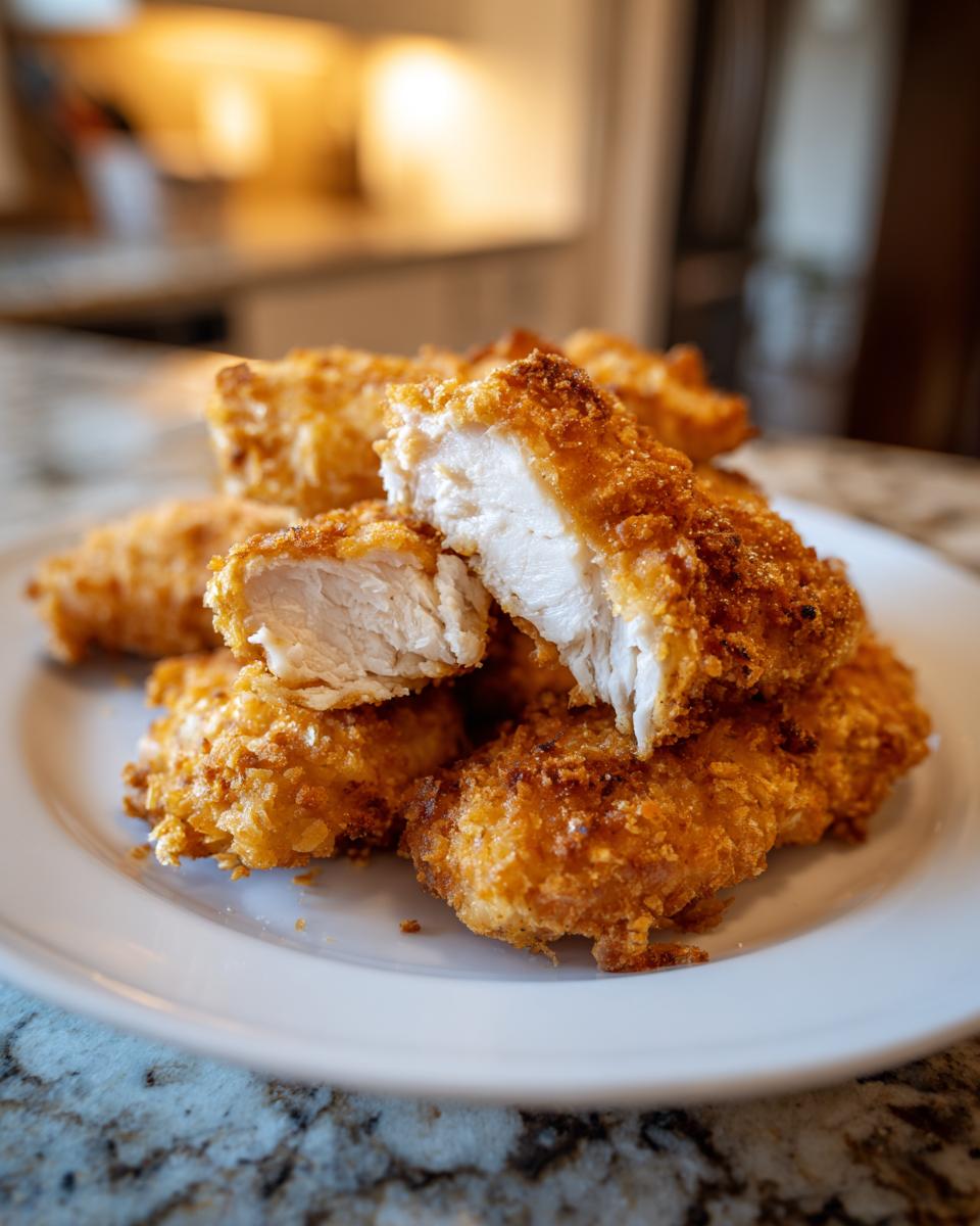 A pile of golden brown air fryer chicken tenders on a white plate, one is cut open showing juicy white meat.