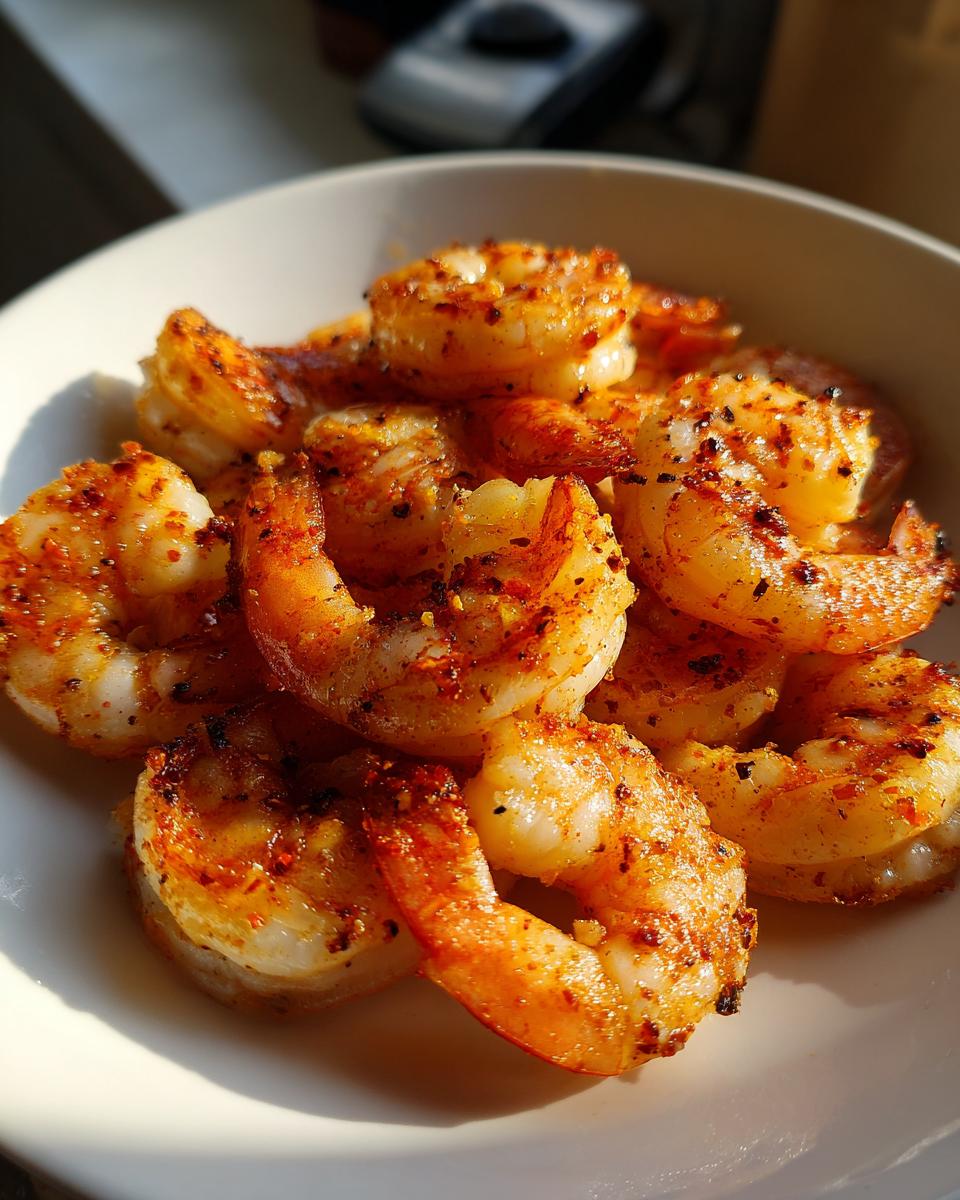 Close-up of seasoned, cooked air fryer frozen shrimp piled in a white bowl, glowing in the sunlight.