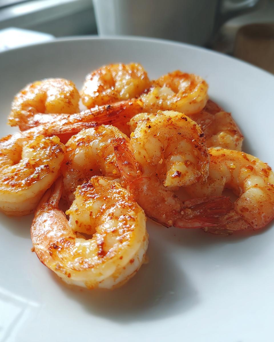 Close-up of seasoned, perfectly cooked air fryer frozen shrimp piled on a white plate.