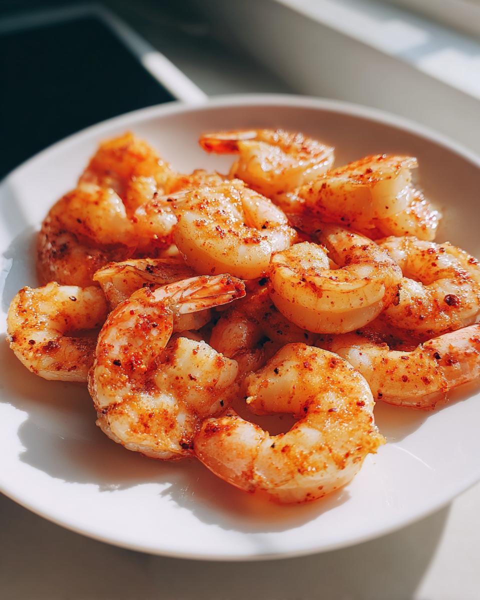 Close-up of seasoned, cooked air fryer frozen shrimp piled on a white plate, showing a slight char.