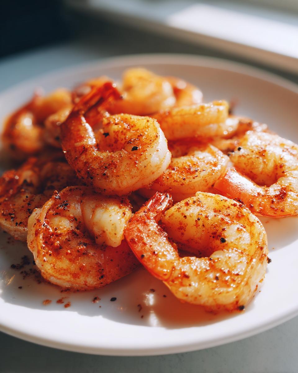 Close-up of seasoned, cooked air fryer frozen shrimp piled on a white plate, showing a reddish-orange color.