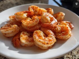 A close-up of perfectly cooked, seasoned air fryer frozen shrimp piled on a white plate.