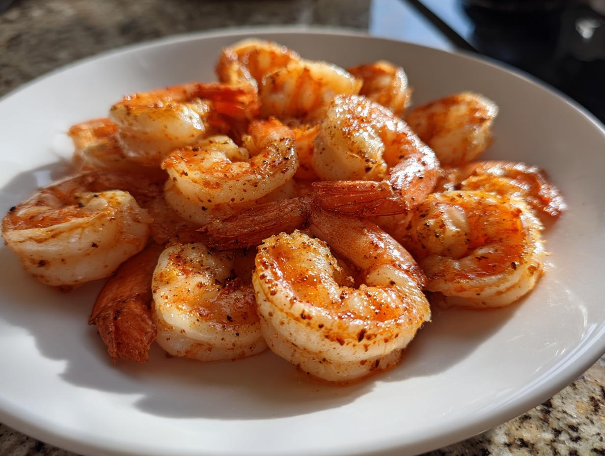 A close-up of perfectly cooked, seasoned air fryer frozen shrimp piled on a white plate.