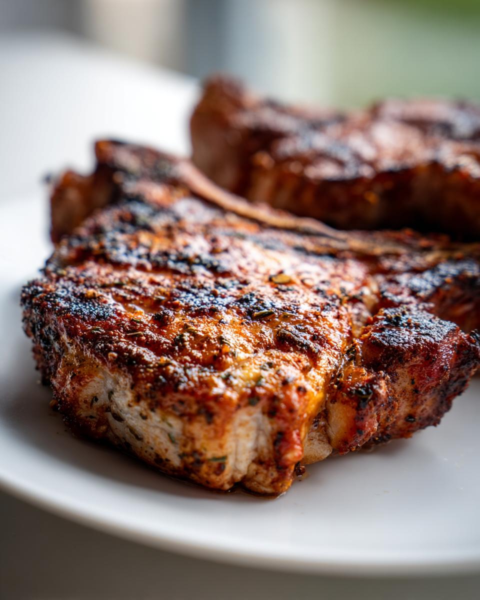 Close-up of a juicy, seasoned air fryer pork chop with a beautifully browned and slightly charred exterior on a white plate.