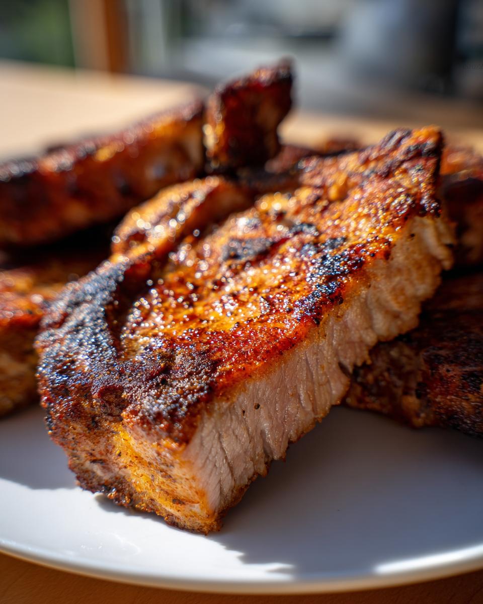 Close-up of a perfectly cooked, thick-cut air fryer pork chop showing a dark, seasoned crust and tender interior.