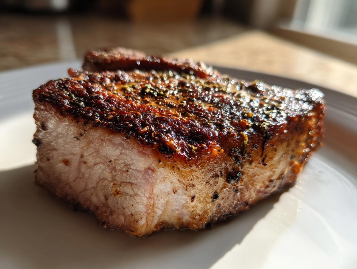 Close-up of a thick, juicy air fryer pork chop showing a perfectly seared, seasoned crust and tender interior.