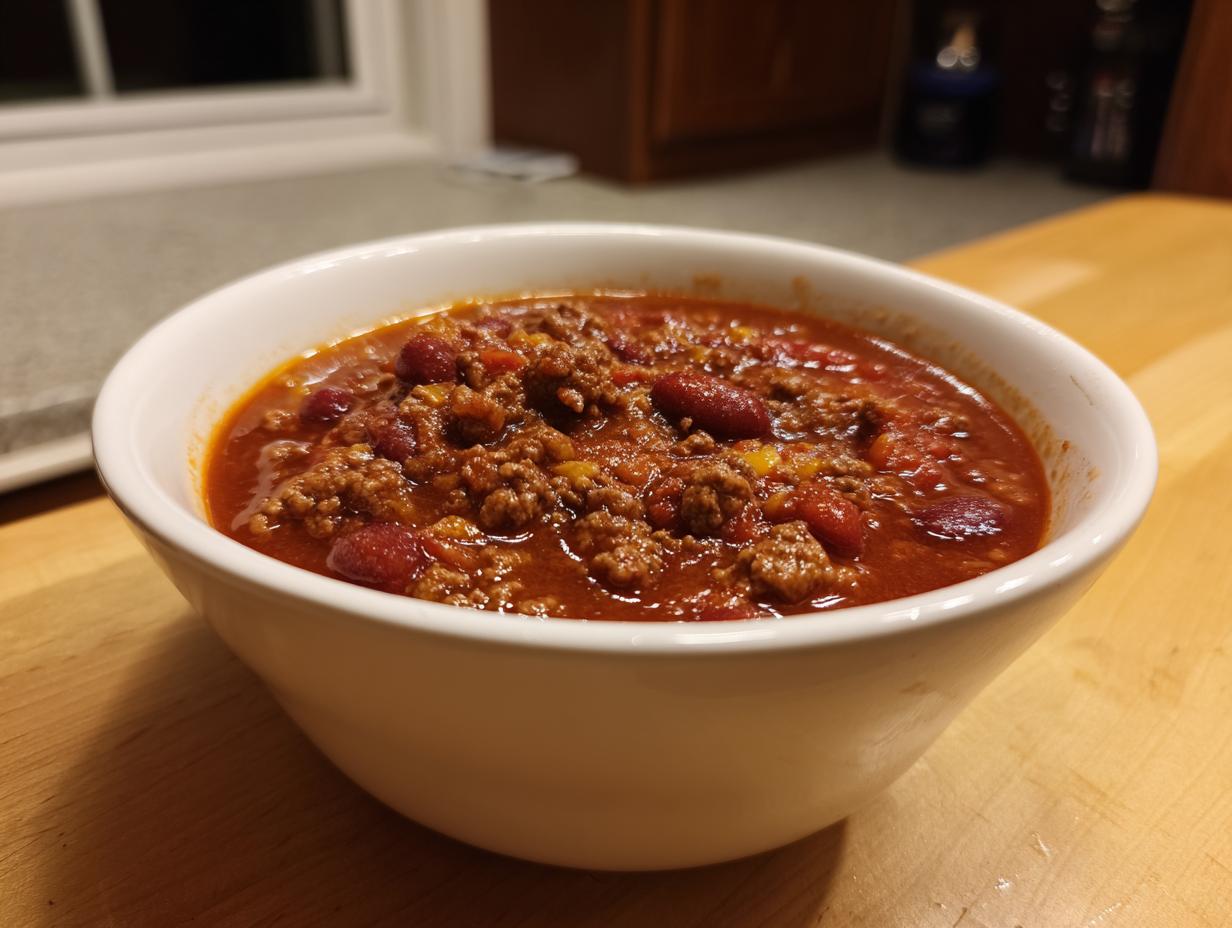 A close-up of a white bowl filled with rich, hearty chili featuring ground meat and kidney beans.