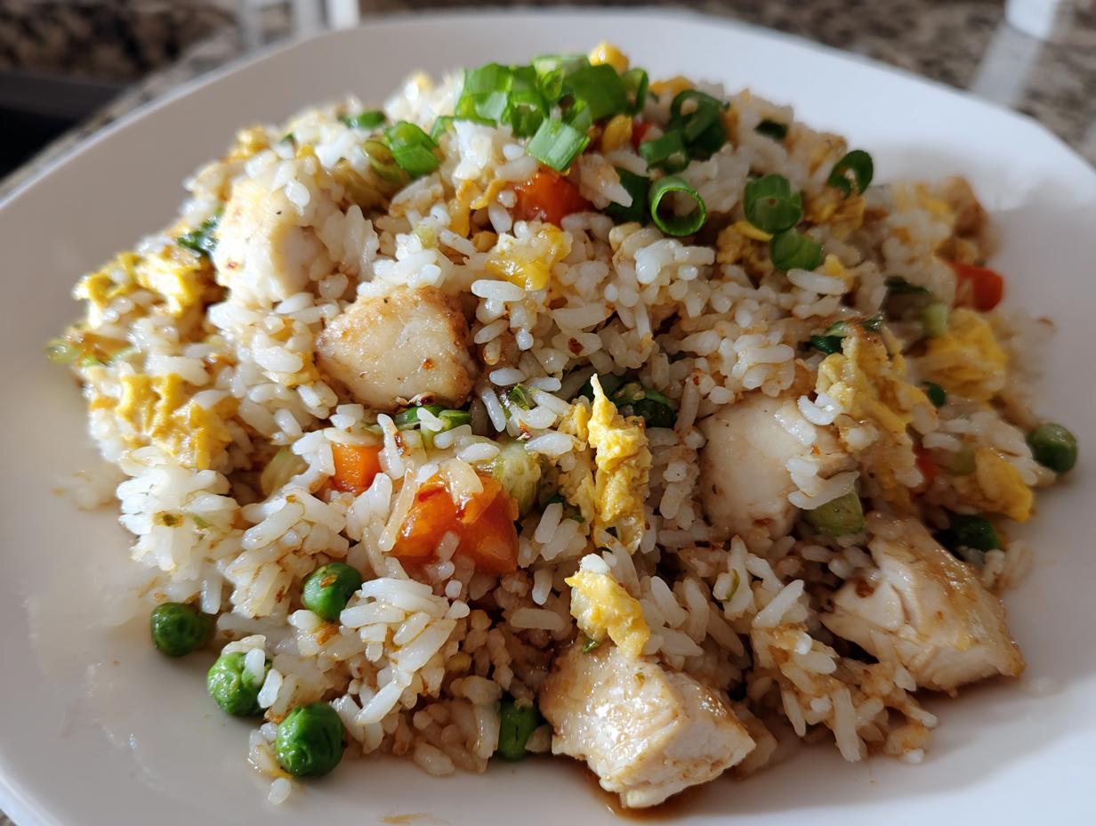Close-up of a plate piled high with amazing 30-min chicken fried rice, featuring white rice, chunks of chicken, scrambled egg, peas, and carrots, topped with green onions.