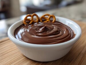 A close-up of rich, glossy chocolate dip swirled in a white bowl, garnished with two small pretzels.