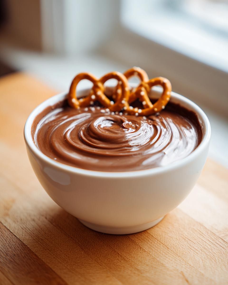 A white bowl filled with smooth, swirled chocolate dip, topped with three small pretzels.