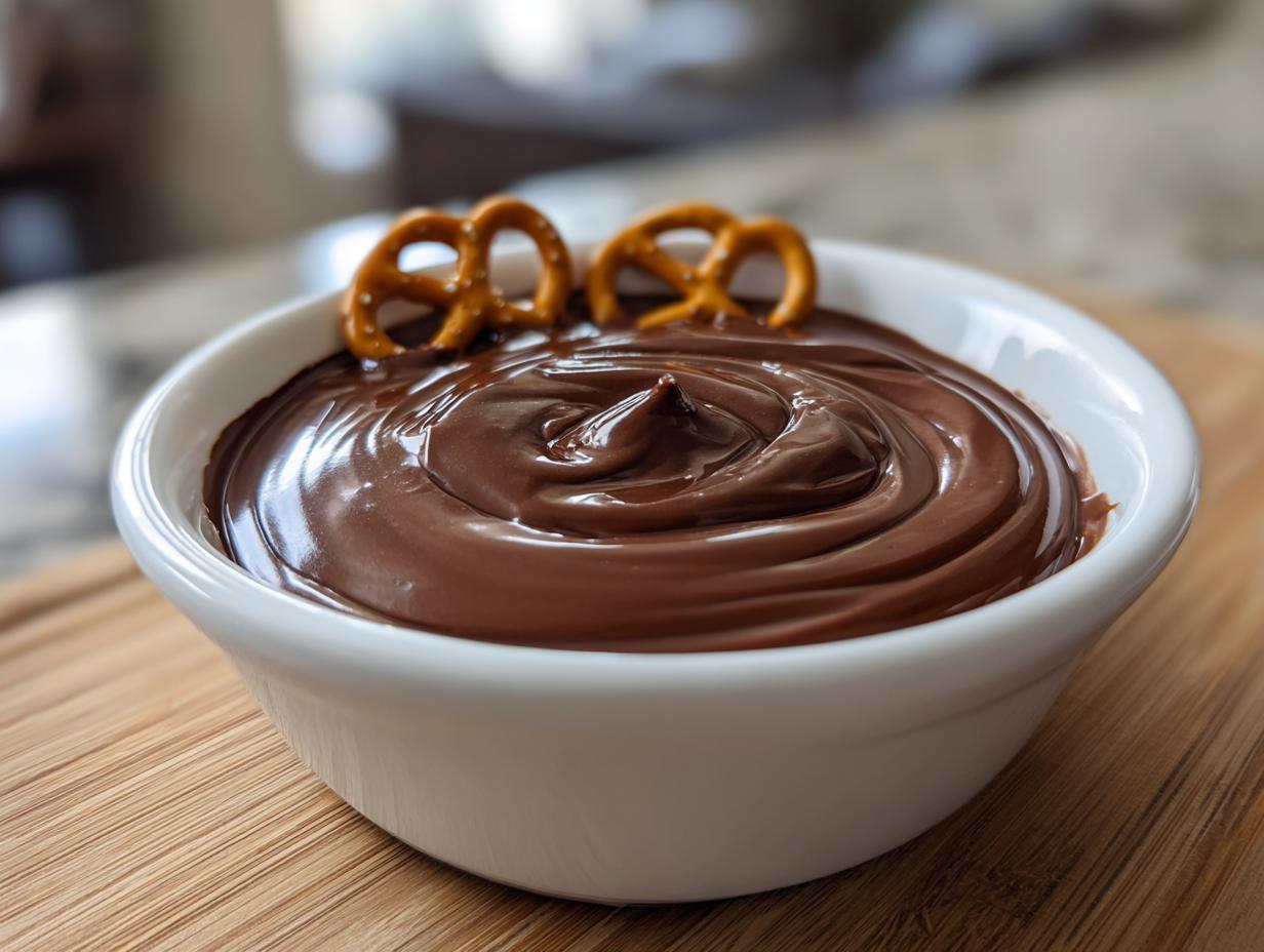A close-up of rich, glossy chocolate dip swirled in a white bowl, garnished with two small pretzels.